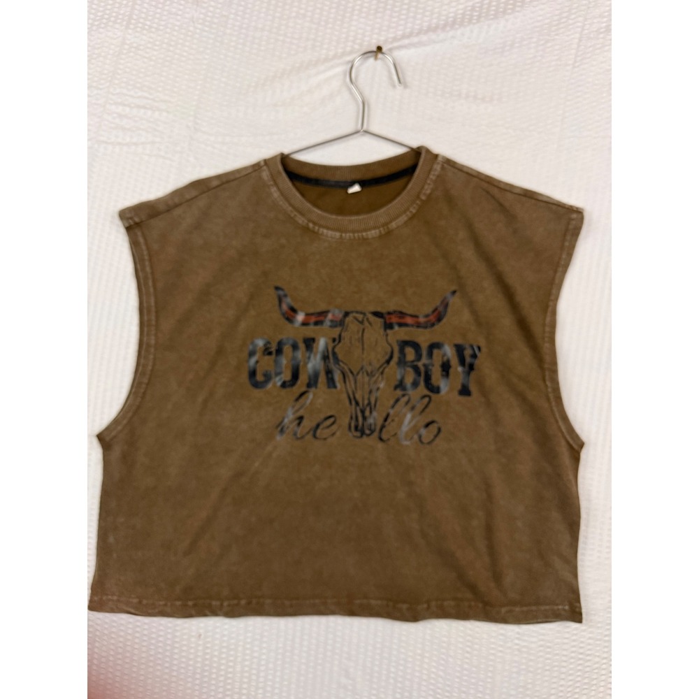 Cowboy Hello Bull Skull Graphic Sleeveless Tee Brown Mineral Wash Small